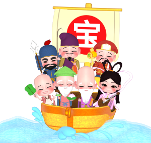 かわいい宝船と七福神のイラスト