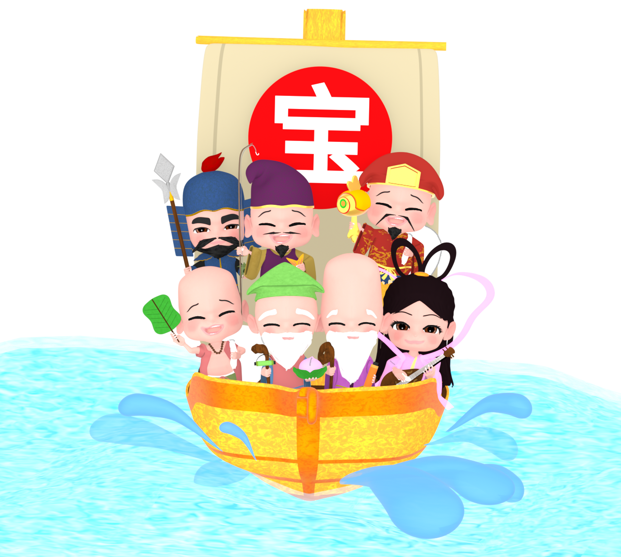 かわいい宝船と七福神のイラスト