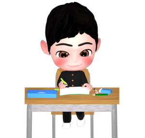 机で勉強をする学生のイラスト