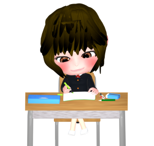 机で勉強をする女子生徒のイラスト