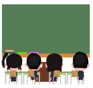 後ろから見る起立をする子供たちのイラスト