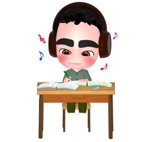 ヘッドホンで音楽を聴きながら勉強をする男の子のイラスト