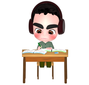 ヘッドホンをつけて勉強をする男の子のイラスト