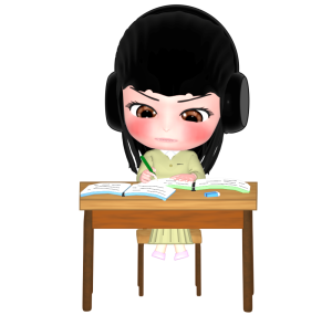 ヘッドホンをつけて猛勉強をする女の子のイラスト