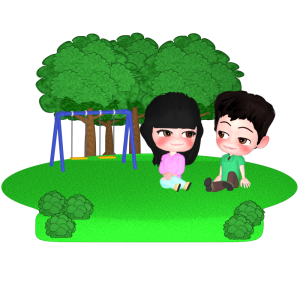 公園の芝生に座るカップルのイラスト
