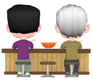 ラーメンをカウンターで食べる人のイラスト