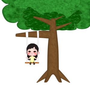 木のブランコに乗る子供のイラスト