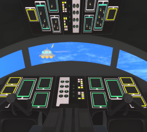 飛行機の窓から見えるUFOのイラスト
