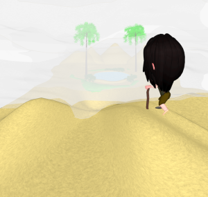 砂漠で蜃気楼が見える遭難者のイラスト（逃げ水）