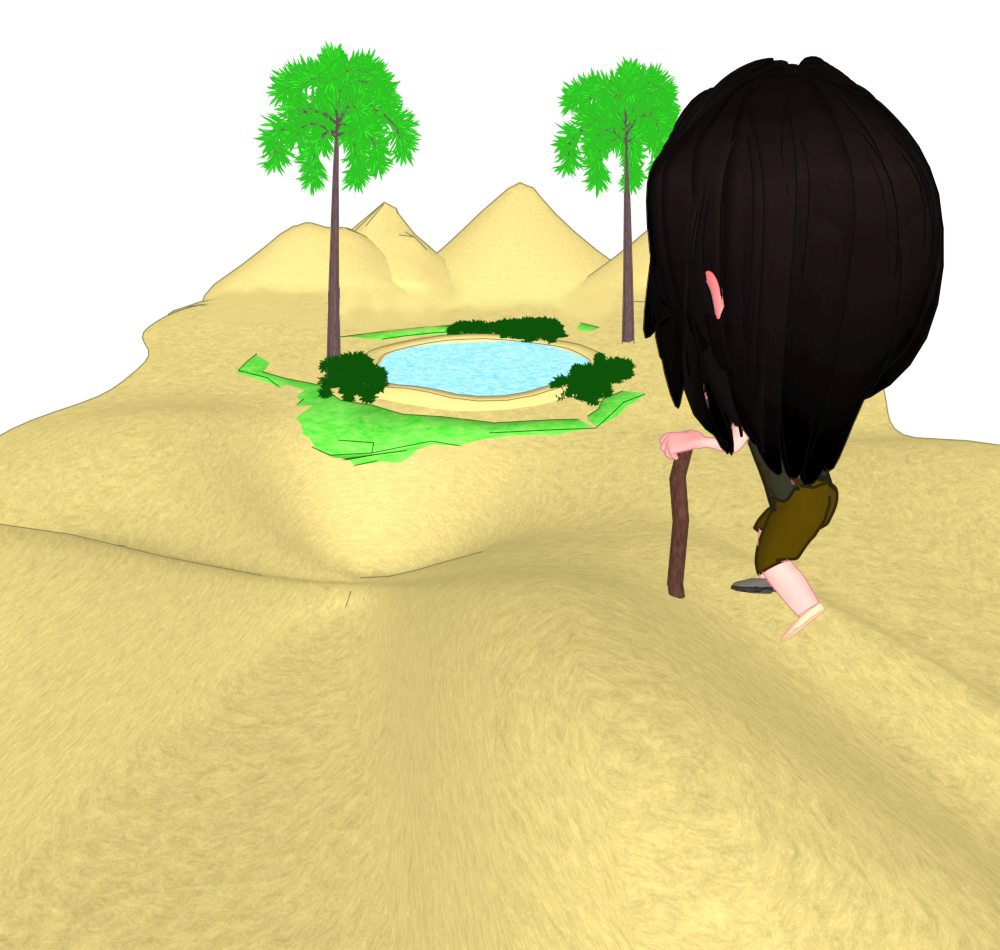 砂漠のオアシスと遭難者のイラスト