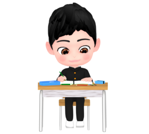 机で勉強をする学生のイラスト