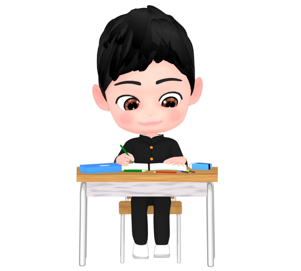 机で勉強をする学生のイラスト