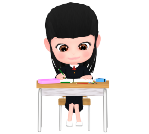 机で勉強をする女子生徒のイラスト