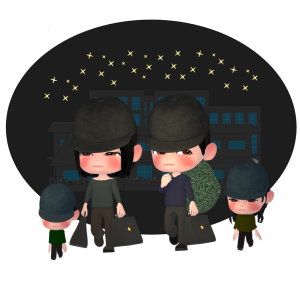 家族で夜逃げをするイラスト