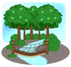 森を流れる川に架かる橋のイラスト