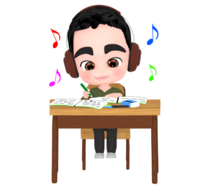 ヘッドホンで音楽を聴きながら勉強をする男の子のイラスト