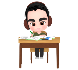 ヘッドホンをつけて勉強をする男の子のイラスト