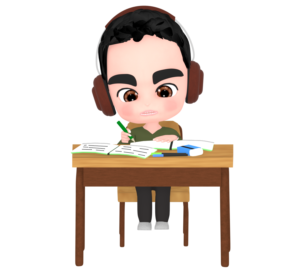 ヘッドホンをつけて勉強をする男の子のイラスト
