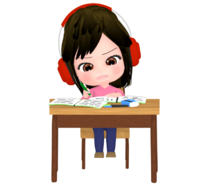 ヘッドホンをつけて猛勉強をする女の子のイラスト