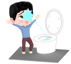 温水洗浄便座の水が顔にかかる人のイラスト