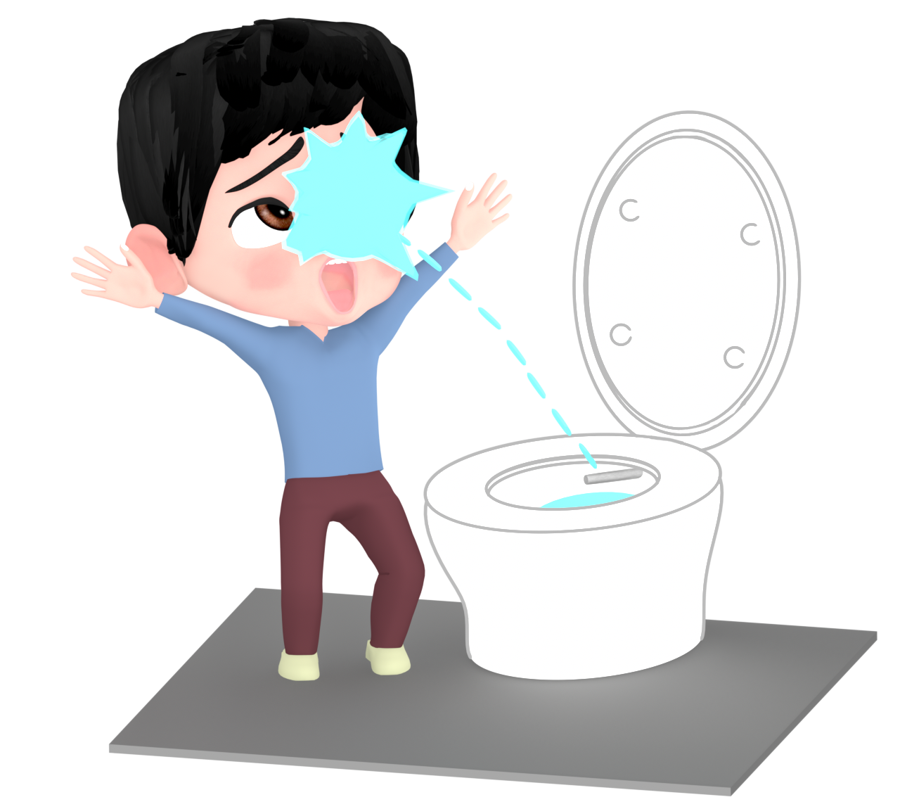 温水洗浄便座の水が顔にかかる人のイラスト