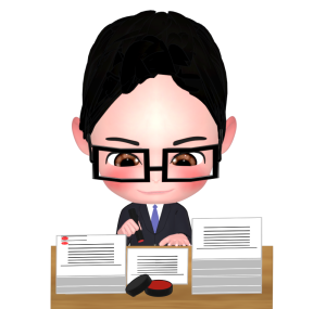 たくさんの書類にハンコを押す人のイラスト