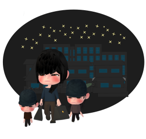 夜逃げをする母子のイラスト