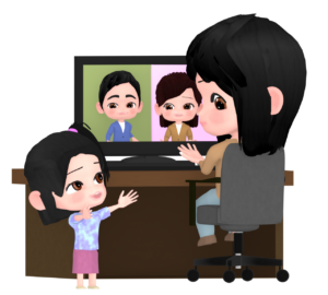 オンライン会議中に話しかける子供のイラスト