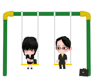公園のブランコで同僚を励ます会社員のイラスト