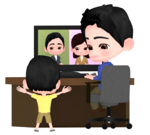 リモート会議中に子供が映るイラスト