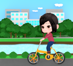 河川敷を自転車で走る人のイラスト
