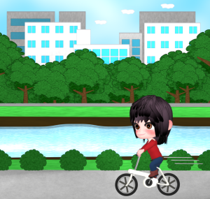 河川敷を自転車で走る人のイラスト