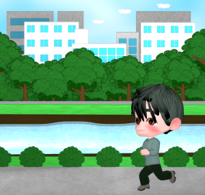 河川敷でジョギングをする人のイラスト