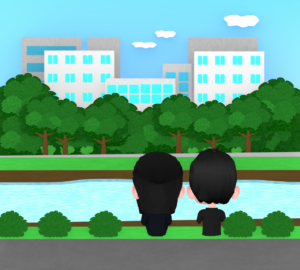 川の土手に座る学生のイラスト