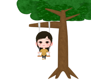 木のブランコに乗る子供のイラスト