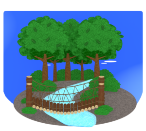 森を流れる川に架かる橋のイラスト