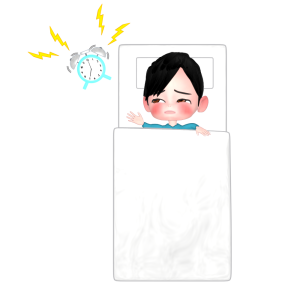 目覚まし時計で起きる人のイラスト