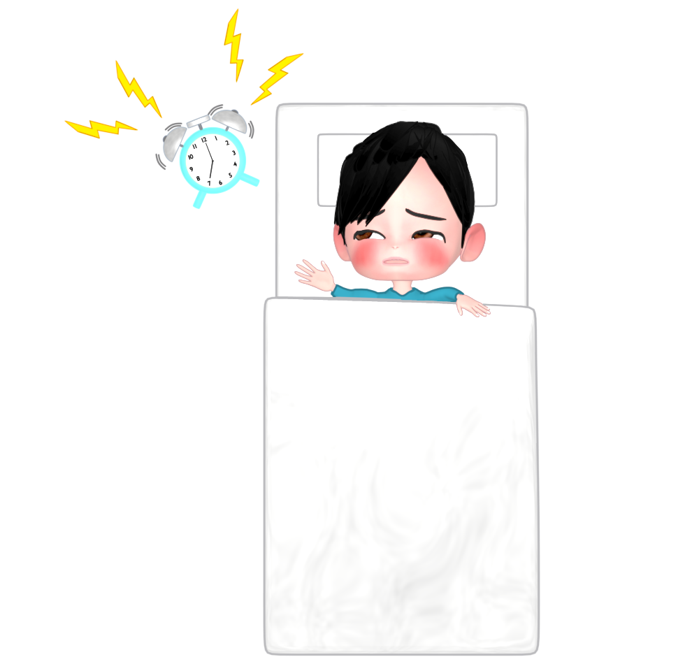 目覚まし時計で起きる人のイラスト