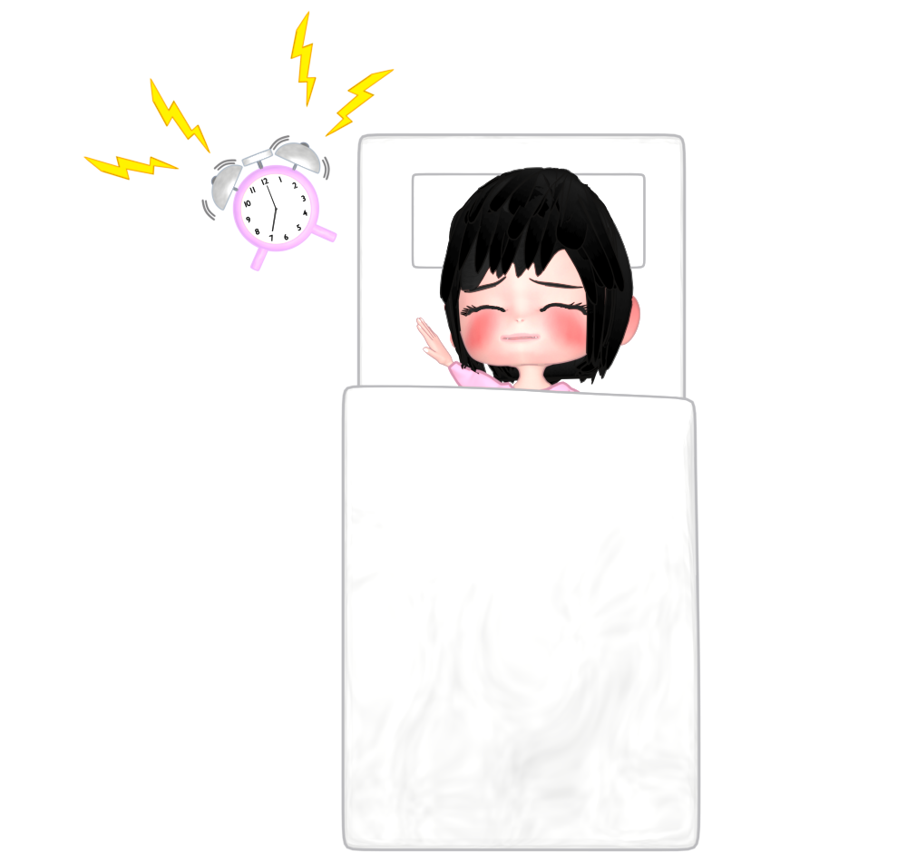 目覚まし時計に起こされる女性のイラスト