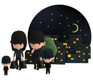 家族で夜逃げをするイラスト