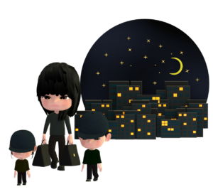 夜逃げをする母子のイラスト
