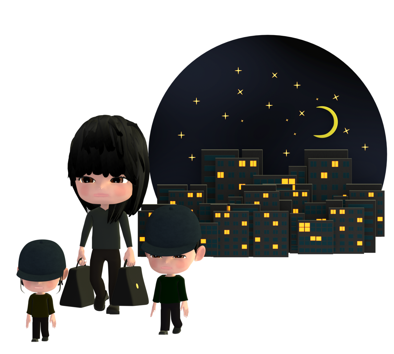 夜逃げをする母子のイラスト
