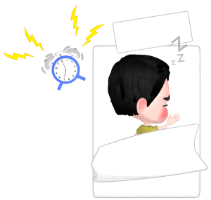 鳴る目覚まし時計と寝る子供のイラスト