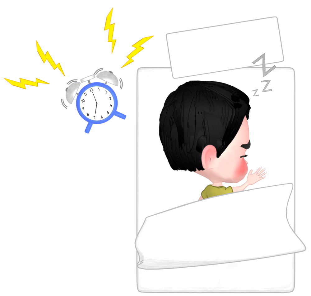 鳴る目覚まし時計と寝る子供のイラスト