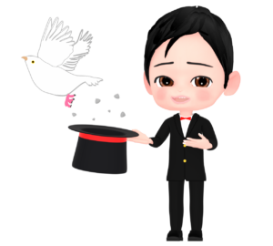 シルクハットから鳩を出すマジシャンのイラスト