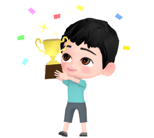 優勝カップに喜ぶ男の子のイラスト