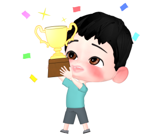 優勝カップに喜ぶ男の子のイラスト