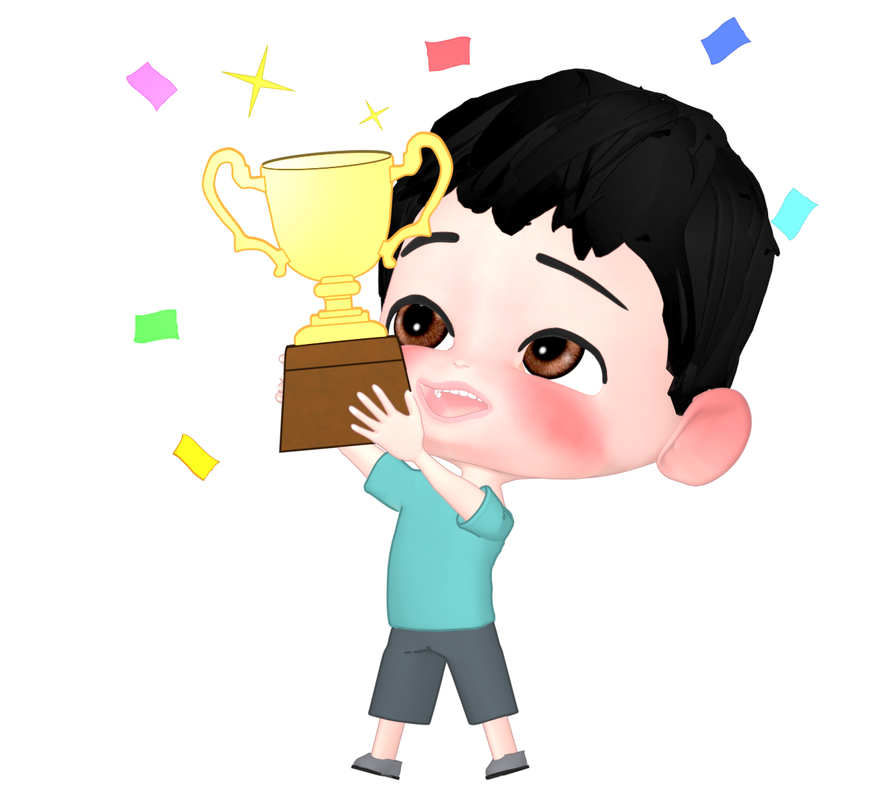 優勝カップに喜ぶ男の子のイラスト