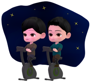 暗闇のフィットネスジムでエアロバイクをするイラスト