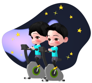 暗闇のフィットネスジムでエアロバイクをするイラスト